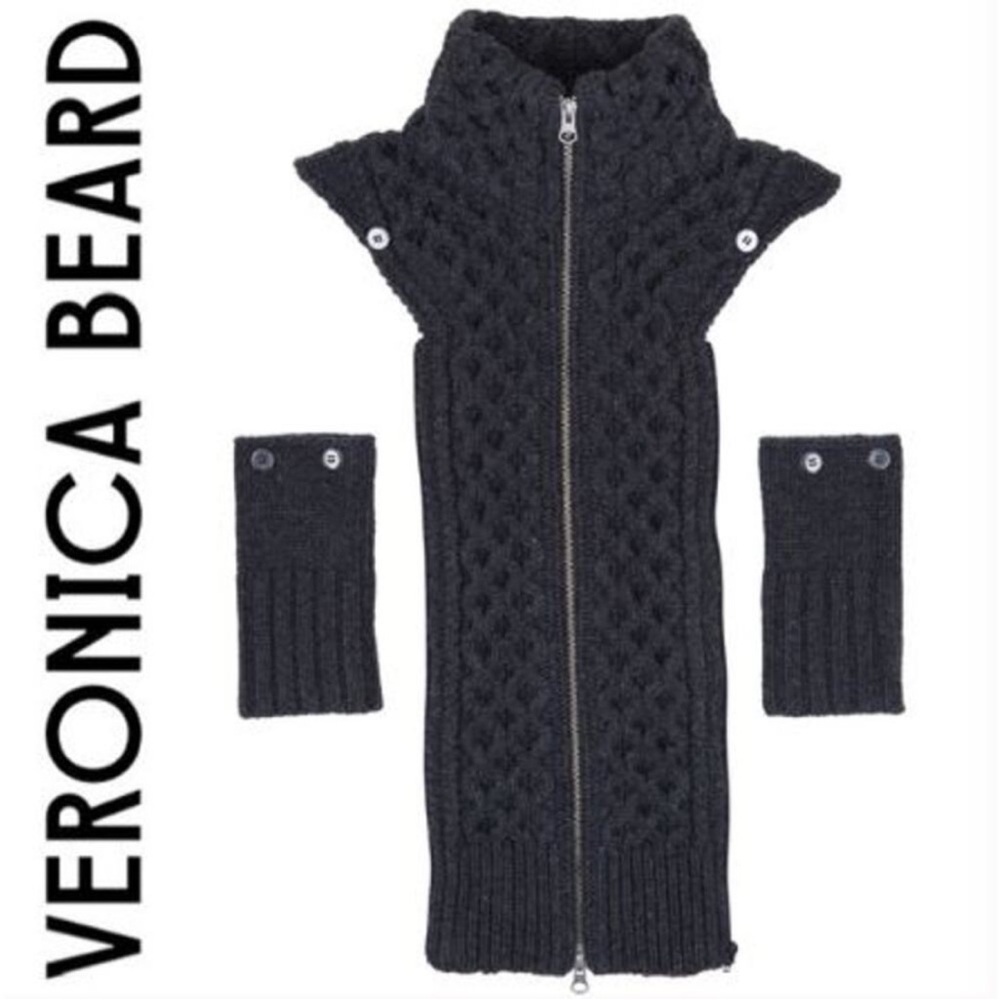 NWT $378 Veronica Beard Black Upstate Cable Knit Wool Dickey & cuffs set Rare